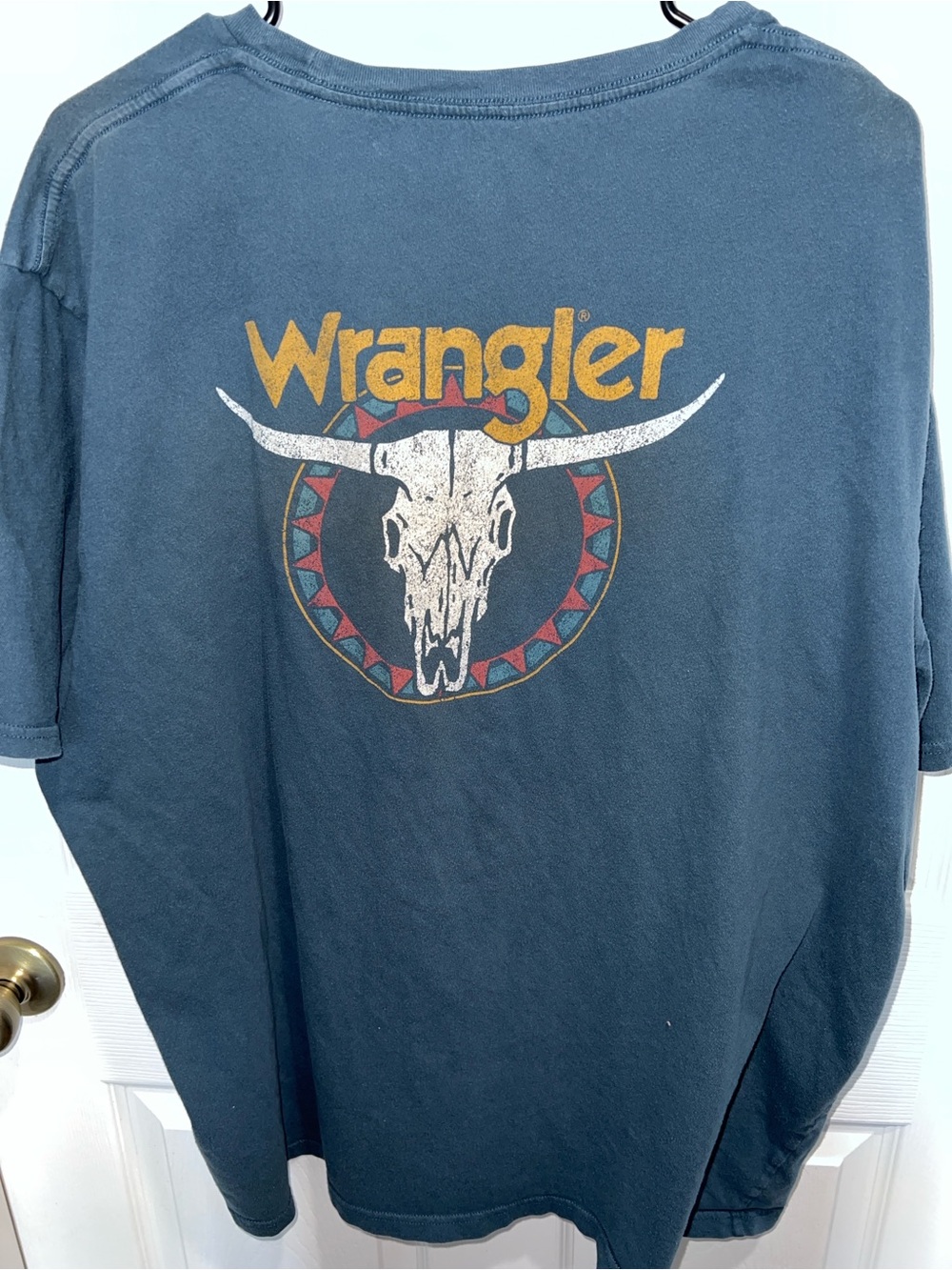 Wrangler Slate Blue Short-Sleeve Logo Tee with Gold Print